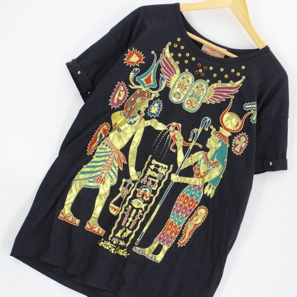 Vintage Cotton Code T-Shirt Men's Black & Gold Egyptian Print Single Stitch XL - Picture 2 of 9